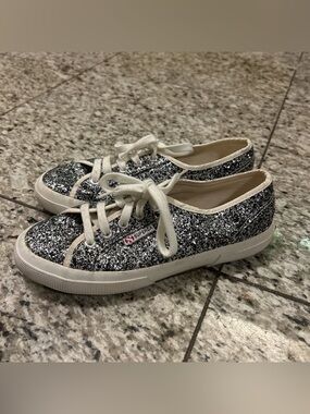 Superga Silver Glitter Low-Top Sneakers with Cream Trim